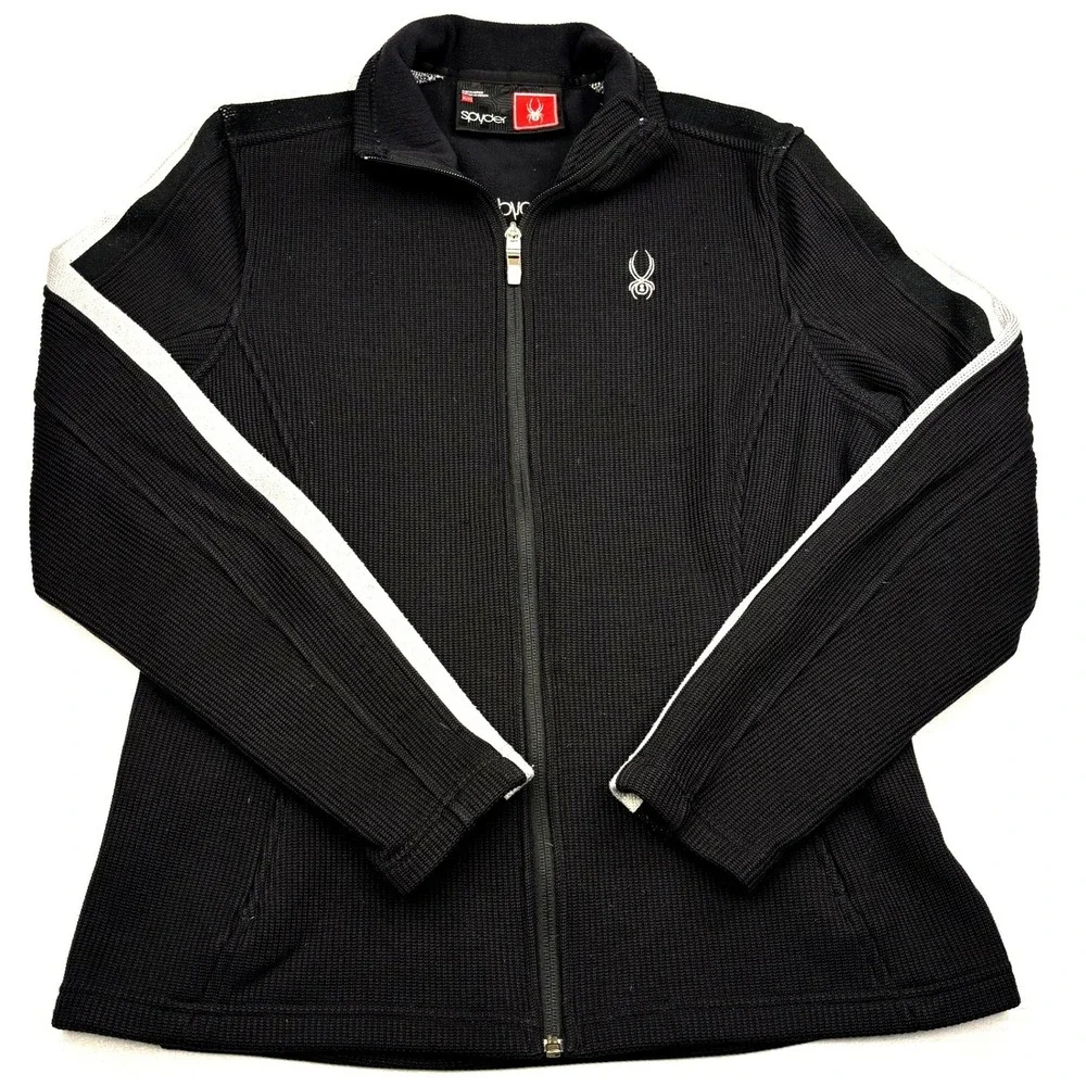 Spyder Fleece Jacket Womens XL Black Silver Stripe Full Zip Ski Mid Layer 0044